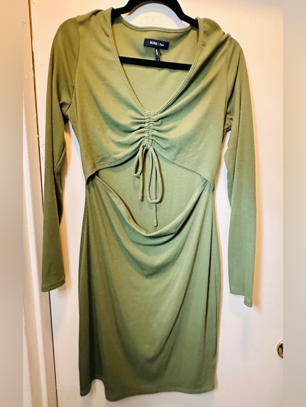 BCBGMaxAzria Olive Green Long Sleeve Drawstring Front Dress